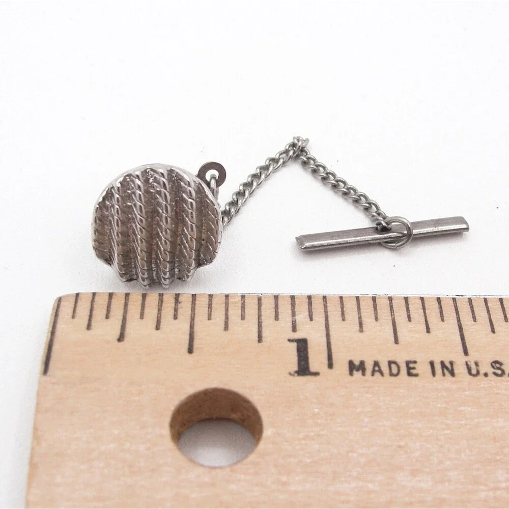Vintage Silver Tone Round Textured Ribbed Cable Rope Dome Tie Tack Chain T-Bar